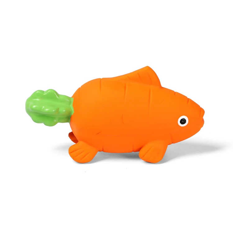 

Hot Selling Pet Durable Eco Friendly Rubber Latex Carrot Fish Squeaky Molar Bite Interactive Dog Chew Toys For Aggressive Chewer