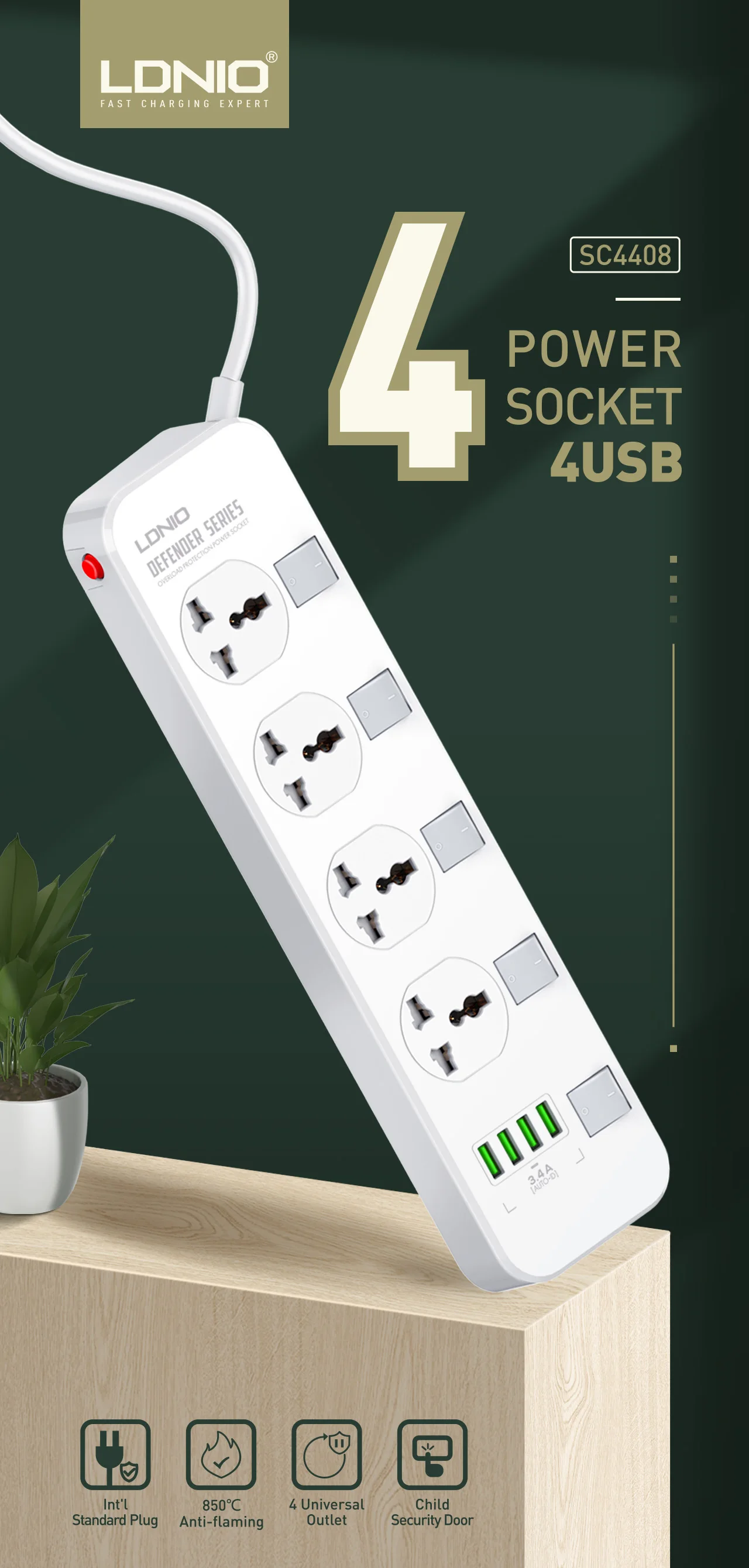 LDNIO SC4408 2500W New 5 Outlet 4 USB port Surge Protector Power Strip 4