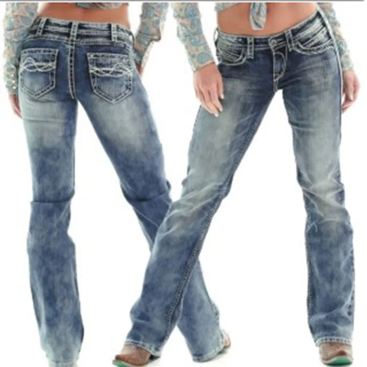 

KNY856 New Western Design High Quality Low Waist Washed Elastic Straight Women Jeans Trousers