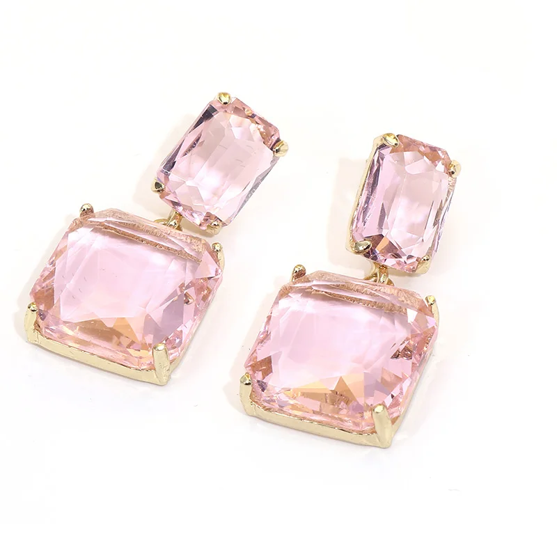 

2022 Hotsale Design S925 Silver Needle Double Square Pink Crystal Earring Geometric Clear Resin Square Earring For Women