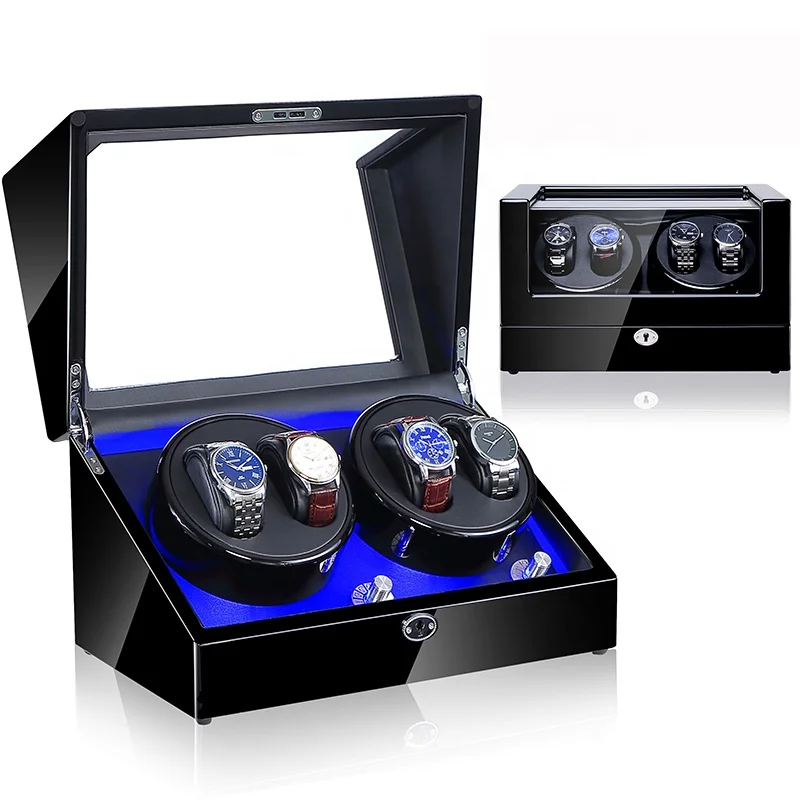 

Custom Logo Dropshipping Christmas Gift Luxury Automatic Watch Winder box for 4 Watches with 2 turntables, Black
