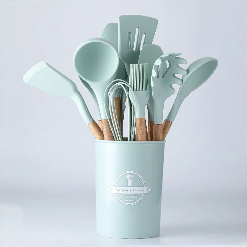 

Hot Sale Cookware Accessories Sets 12Pieces Silicone Kitchen Utensils With Wooden Handle