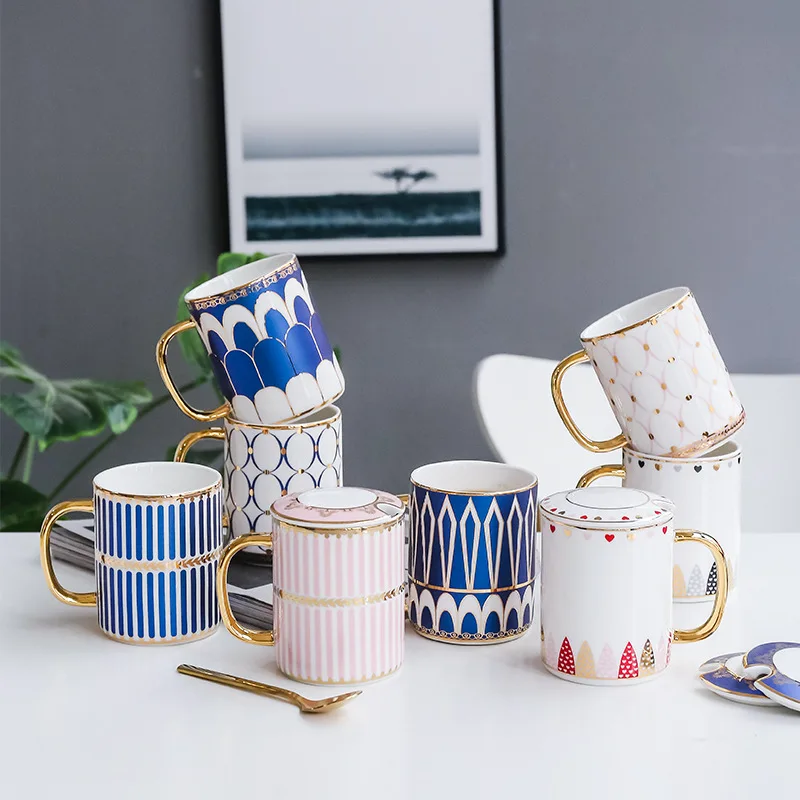 

European Light Luxury Ceramic Coffee Mug With Gold Handle, 10 designs