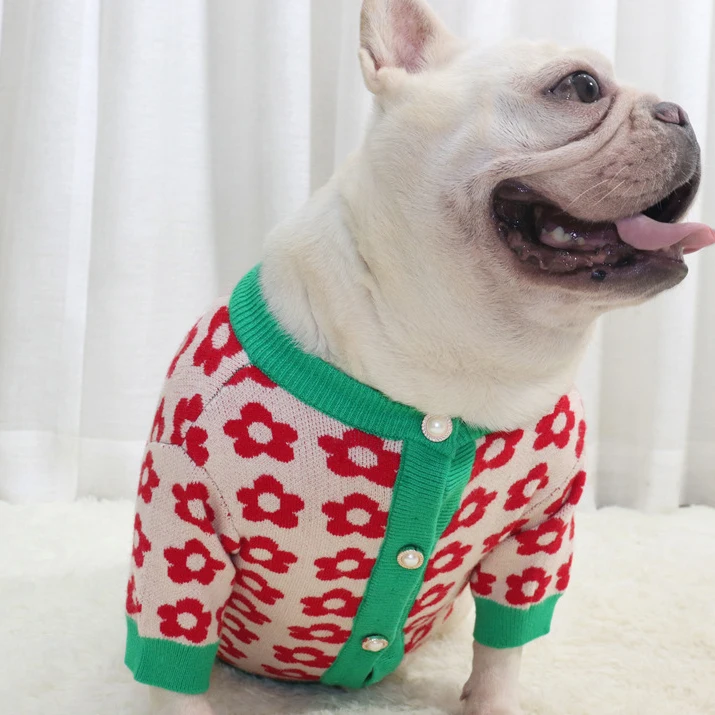 

Hot sale autumn and winter french bulldog dog sweater floret cardigan fat dog clothes, As shown in details