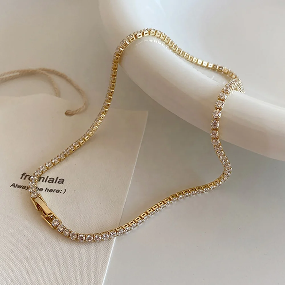 

Luxury 14K Gold Plated Rhinestone Filled Tennis Chains Brass Choker Necklace Engagement Ladies Jewelry