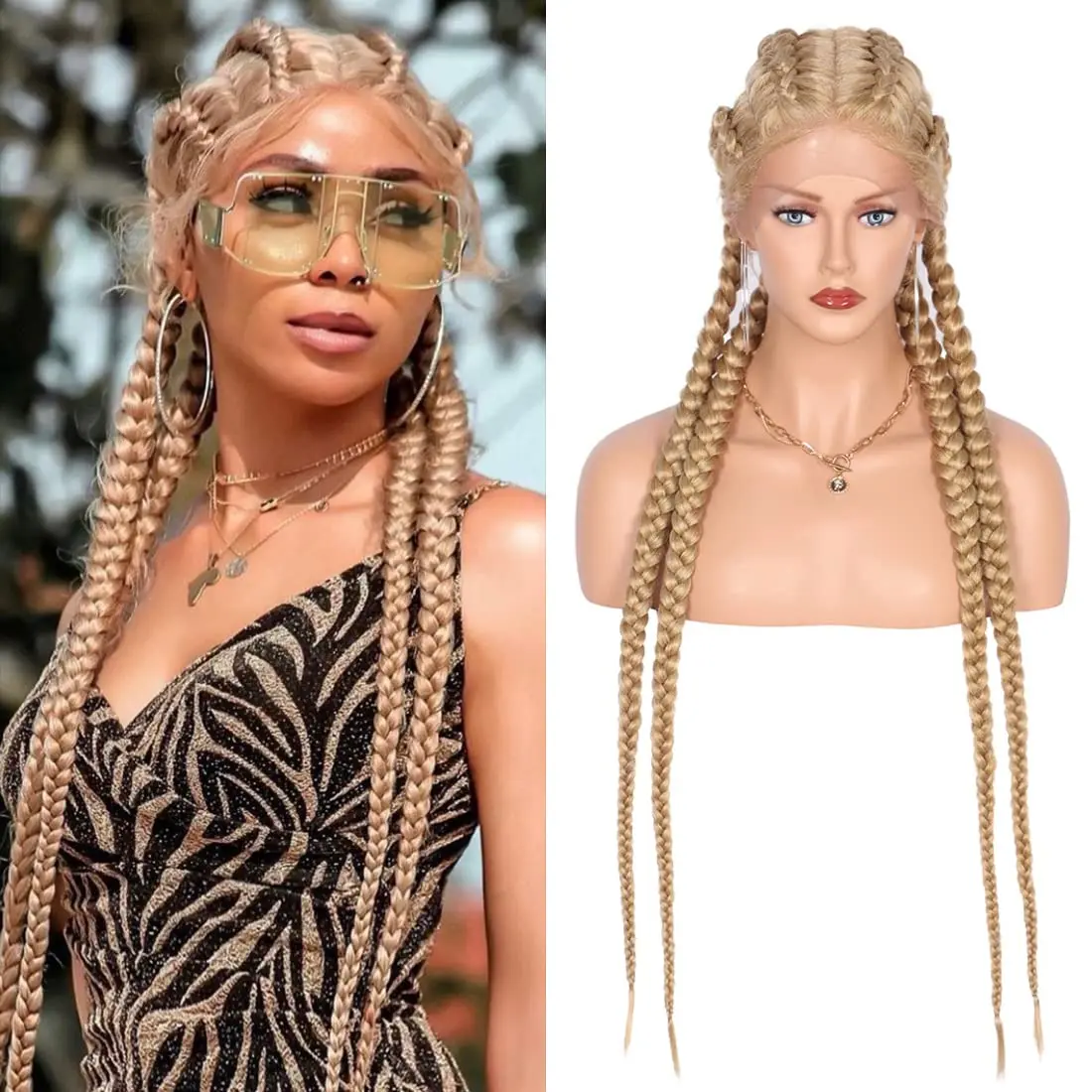 

Novelties Hand Braided Synthetic Lace Front Box Braided Wigs with 360 Swiss Lace Front Double Dutch Braid Wig For Black Woman, #1b #27/613mb #1/27t #1/30t #1/99jt