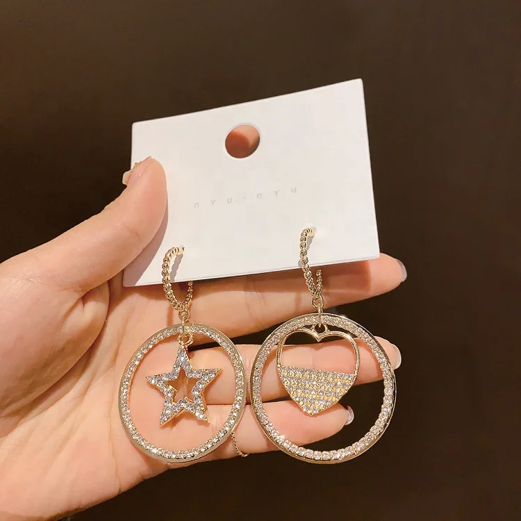 

New Luxury Full Rhinestone Crystal Hollow Heart Star Big Circle Statement Drop Earrings For Women Fashion Party earring, Picture shows