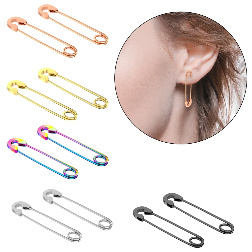 

14K Gold Plated High Polished Stainless steel Cartilage Safety Pins Earrings huggies paper clip earrings for women Jewelry, Gold,rose gold,steel color,black,colour