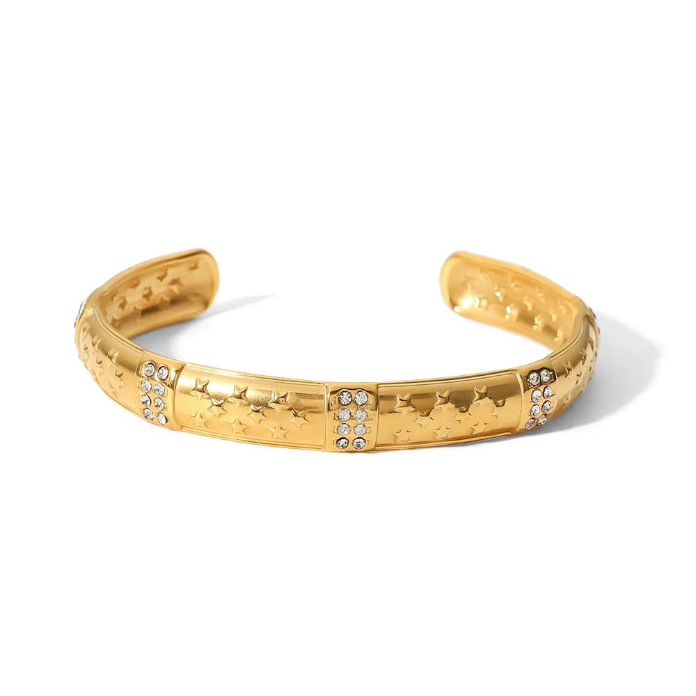 

Fashion 18k Gold Plated Stainless Steel Bracelets Jewelry Wide Cubic Zircon Embossed Star Bracelet