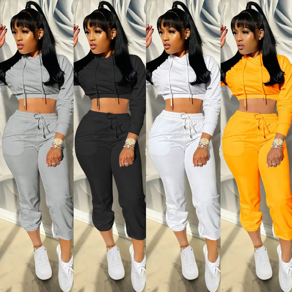 

2021 Fashion women's two-piece pants set hooded short hoodie set clothes women two-piece long sleeve Loose Sportswear plus-size, Picture color