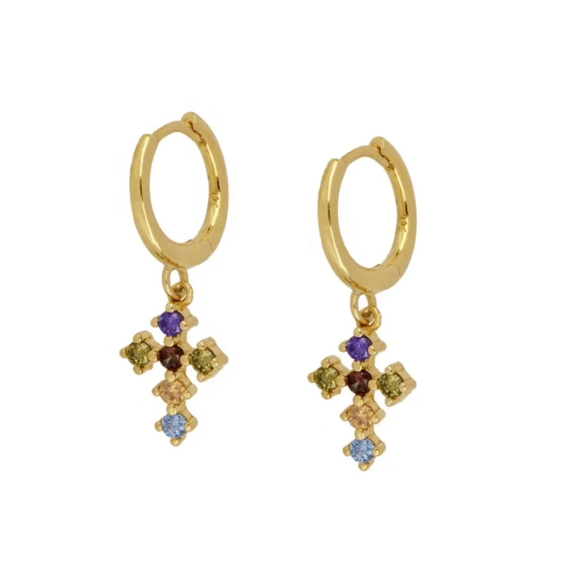 

INS Styles 925 Sterling Silver Rainbow/Purple/White Zircon Cross Pendant Hoop Earrings, Gold and silver