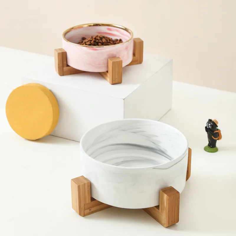 

Marbled Gold Rimmed Neck Protect Raised Ceramic Pet Cat Dog Bowl with Wooden Stand, Sku01-sku14