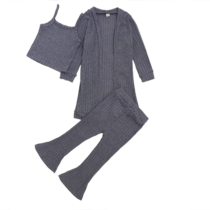 

New Autumn Winter Baby Toddler Girls' Clothing Sets Knitted Sweater Cardigan+Vest+Flare Pants 3 Pcs Children Kids Clothes Set, Grey / black