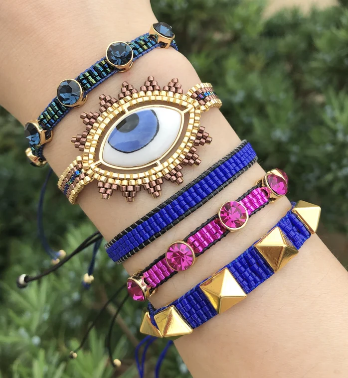 

Imported Miyuki colorful shiny crystal rhinestone ceramic eye rivet bracelet jewelry, Multi-colors