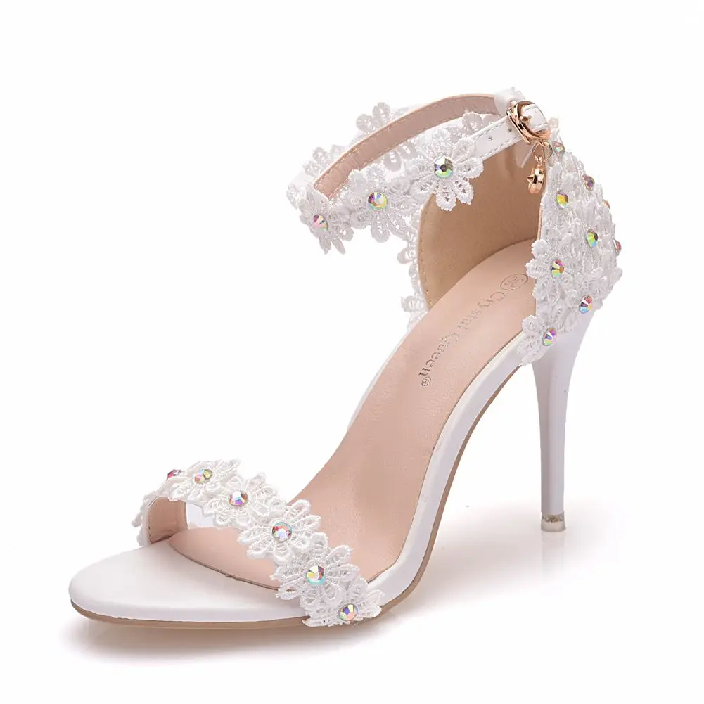 

Women Lace Wedding Shoes Thin High Heels White Bridal Open Toe Sandals Summer Strap Ankle Sexy Party Dress Shoes