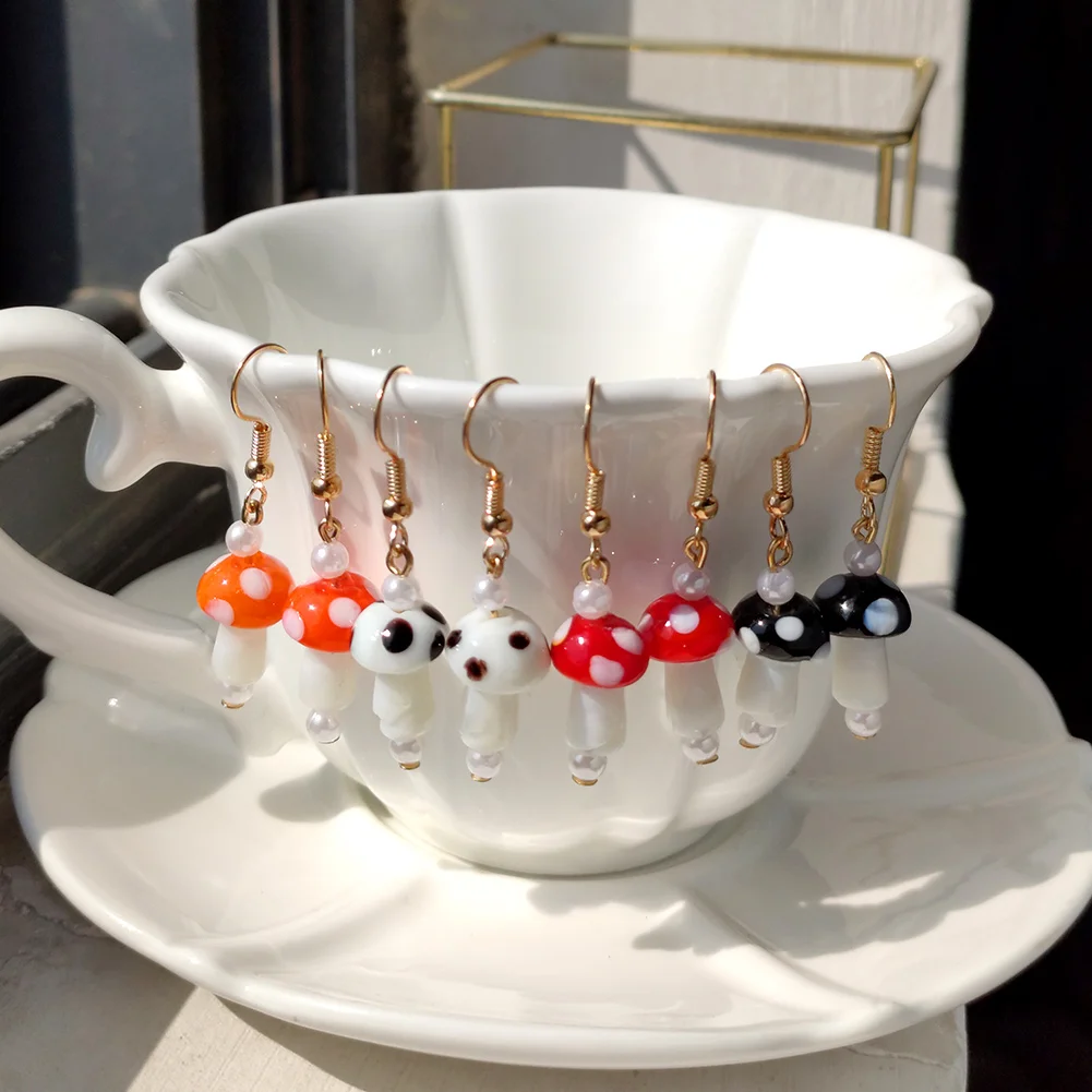 

4pairs/set Dainty Exquisite Candy Color Kawaii Mushroom Long Earrings For Women Enamel Mushroom Drop Earrings, Gold plated