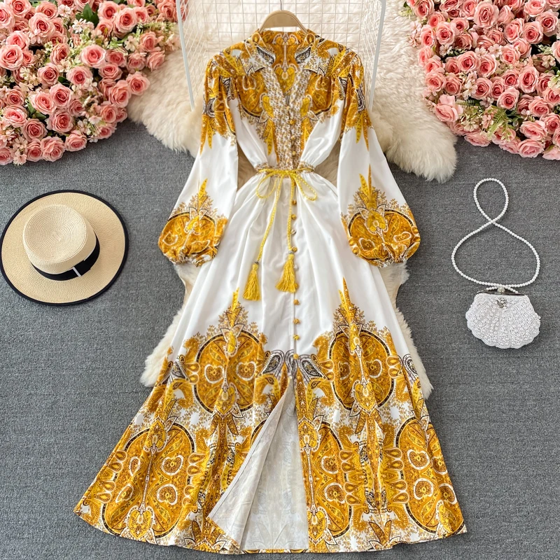 

Printed V-neck dress spring and autumn women's dress temperament single breasted slim fitting retro large swing dress, Multiple colors