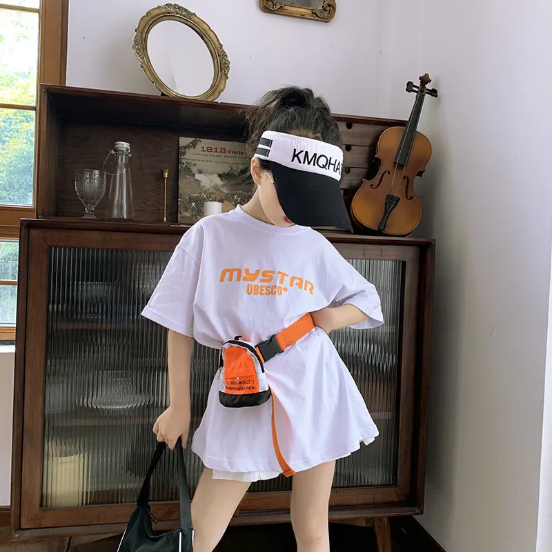 

2020 New Summer Girl White Cotton Casual Shirt with Orange Letter Waist Bag Stylish Big Girl Top for 3-8T