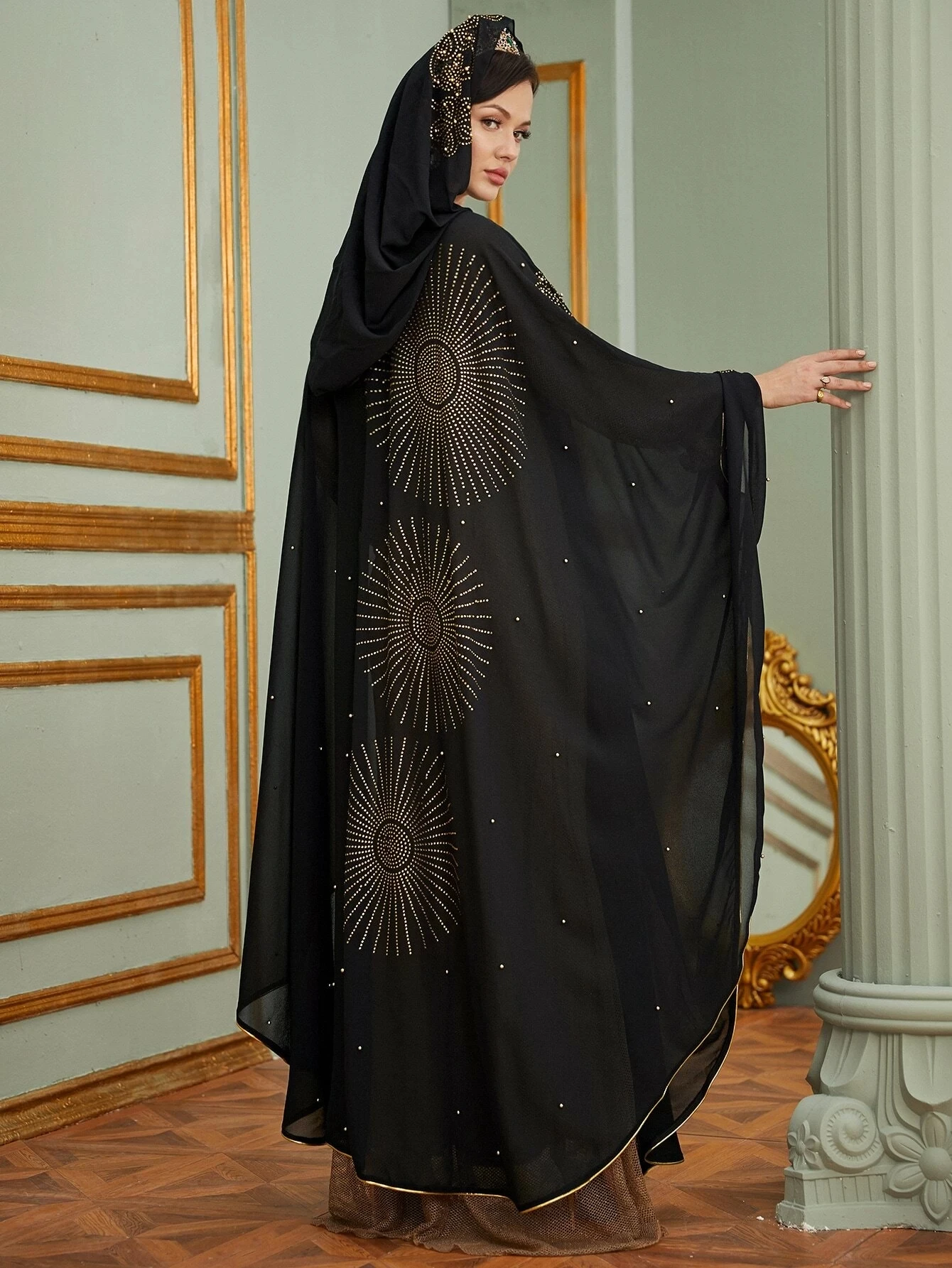 2258 Ramadan Luxury Arabic Bat Sleeves Abaya With Hat Rhinestone Beaded Pearls Maxi Dresses