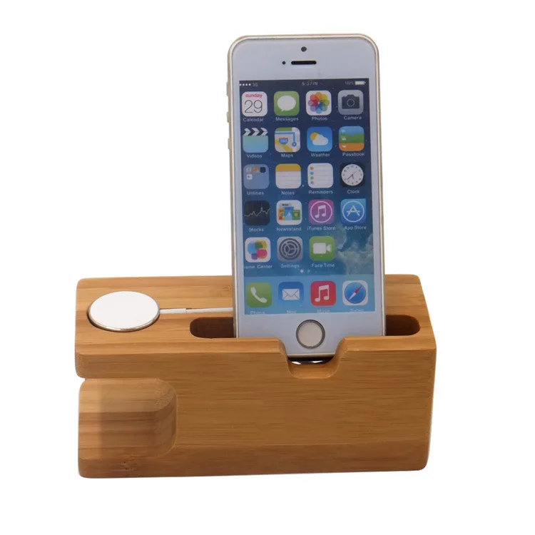 

2in1 Charging Dock Station Bamboo Wooden Mobile Phone Holder Stand Phone Charger Wood Stand Base