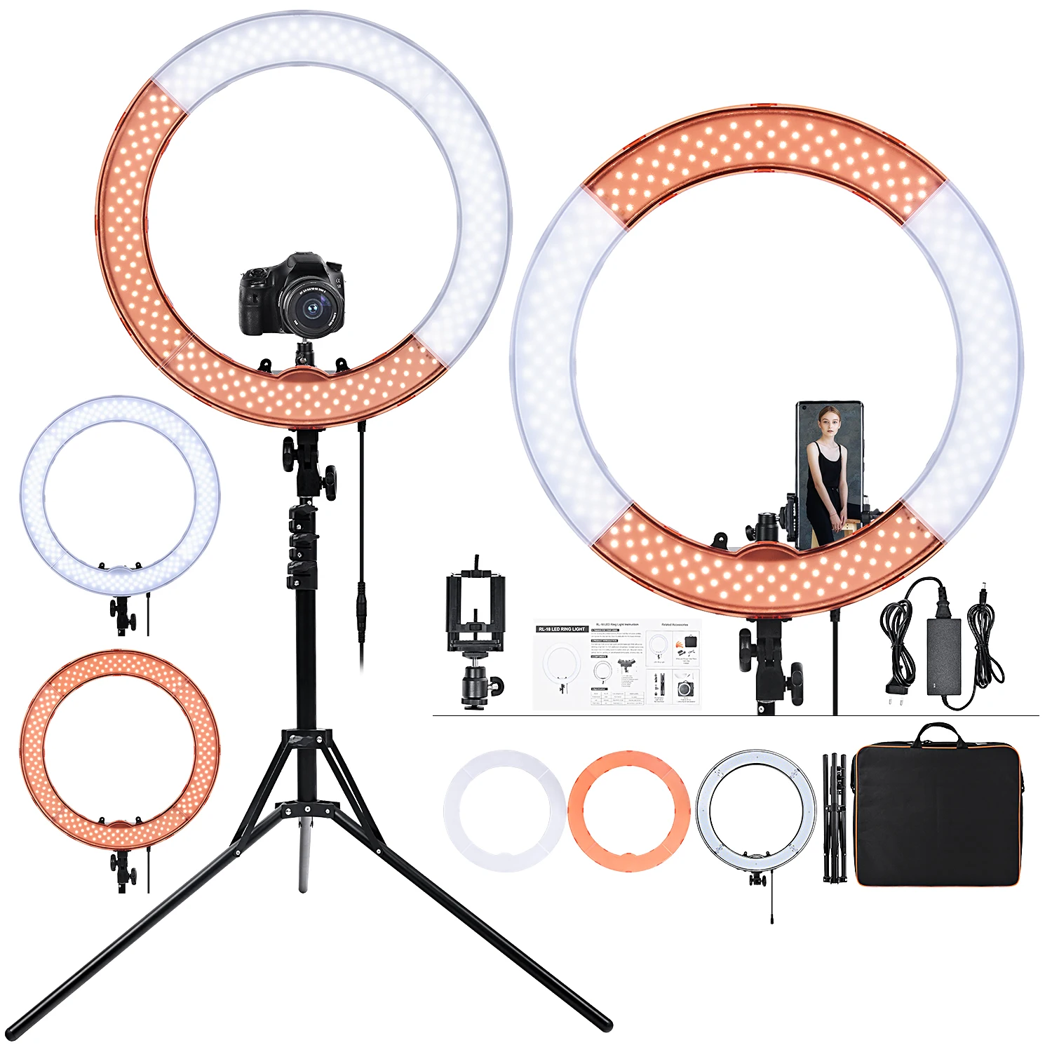 

USA Free shipping 18-inch SMD LED Ring Light Dimmable Lighting Kit 55W 5500K Dimmable LED Ring Light with stand for TikTok, Black