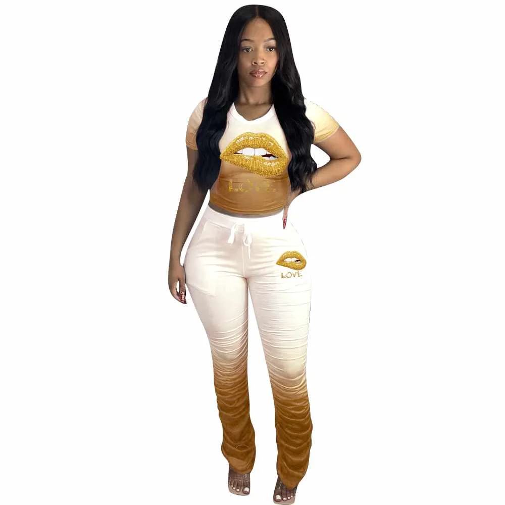 

hot sales Lips print stacked short sleeve 2pcs set Women, Picture