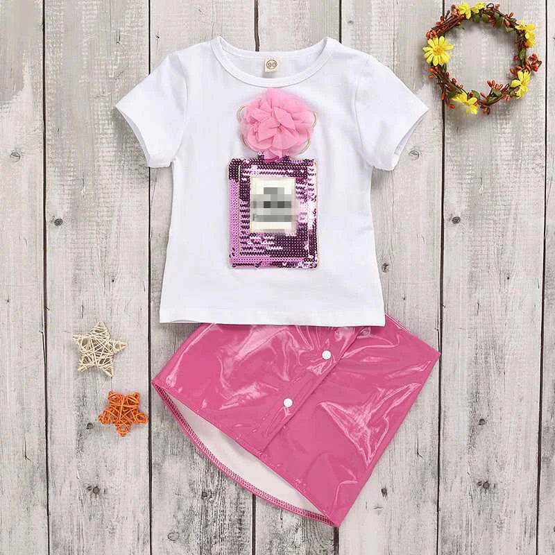 

Toddler Kids Baby Girl Summer Clothes Short Sleeve White T-shirt +Mini PU Skirt Outfits Set, As picture