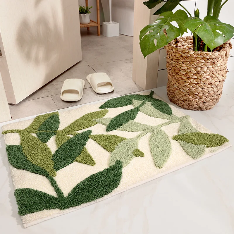 

Green Leaf Tufted Rugs Non Slip Soft Microfiber BathMat Bathroom Tub Machine Washable customer hand tufted carpet