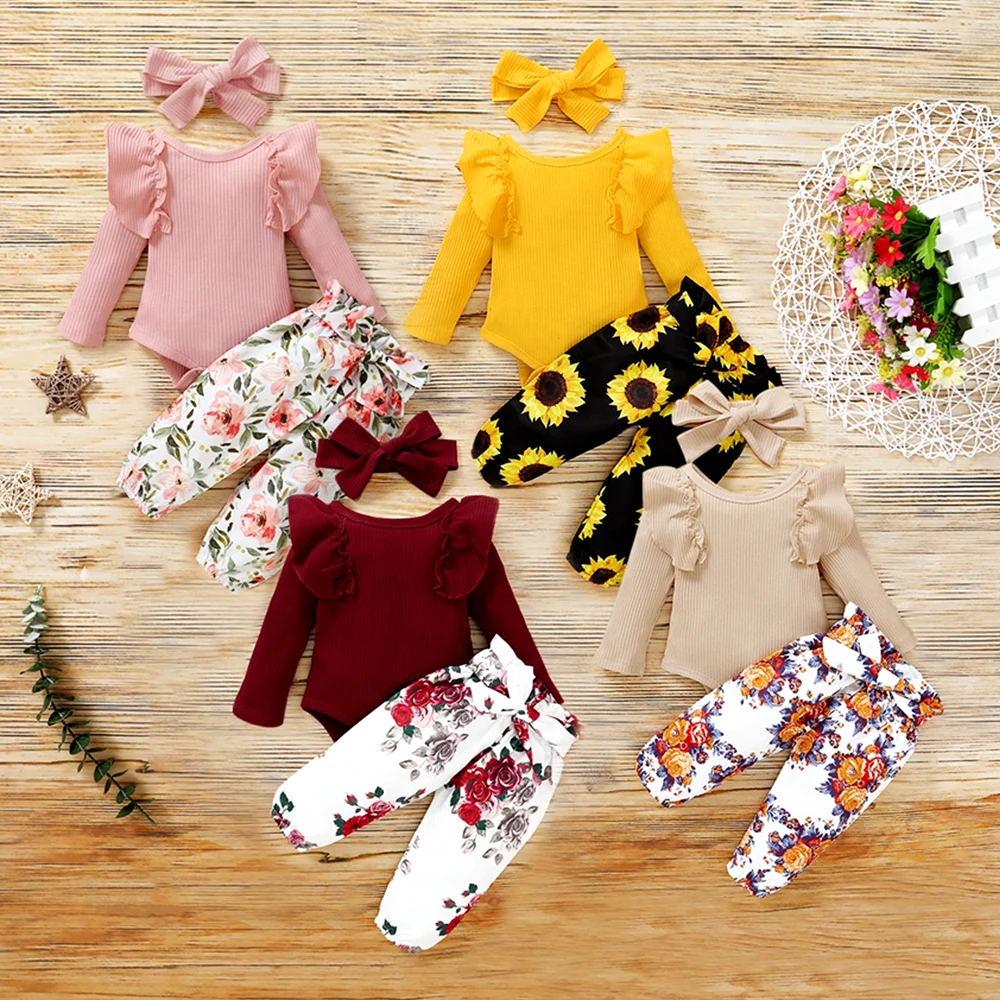 

Infant Newborn Kid Baby Girls Autumn 3Pcs Set Clothes Yellow Flared Long Sleeve Jumpsuit+Sunflower Bow Long Pants Headband Set, Picture shows