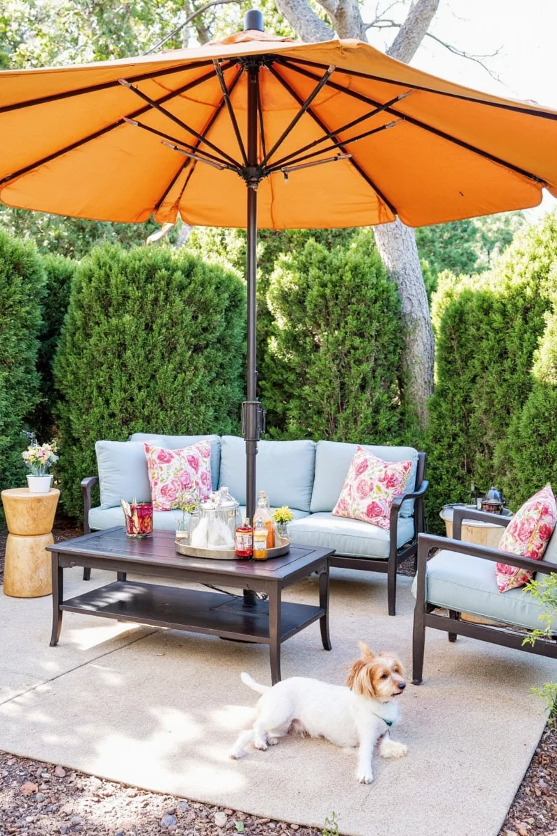 Modern outdoor umbrella equipped with side fans and a misting feature over a pet-friendly patio area with a cat sitting beneath.