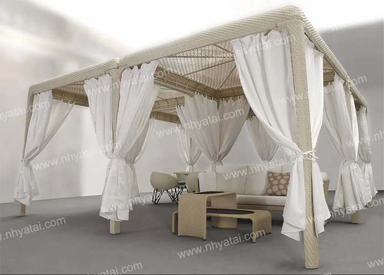 
High end luxury king size square rectangular bamboo rattan garden line outdoor beach hotel canopy bed 