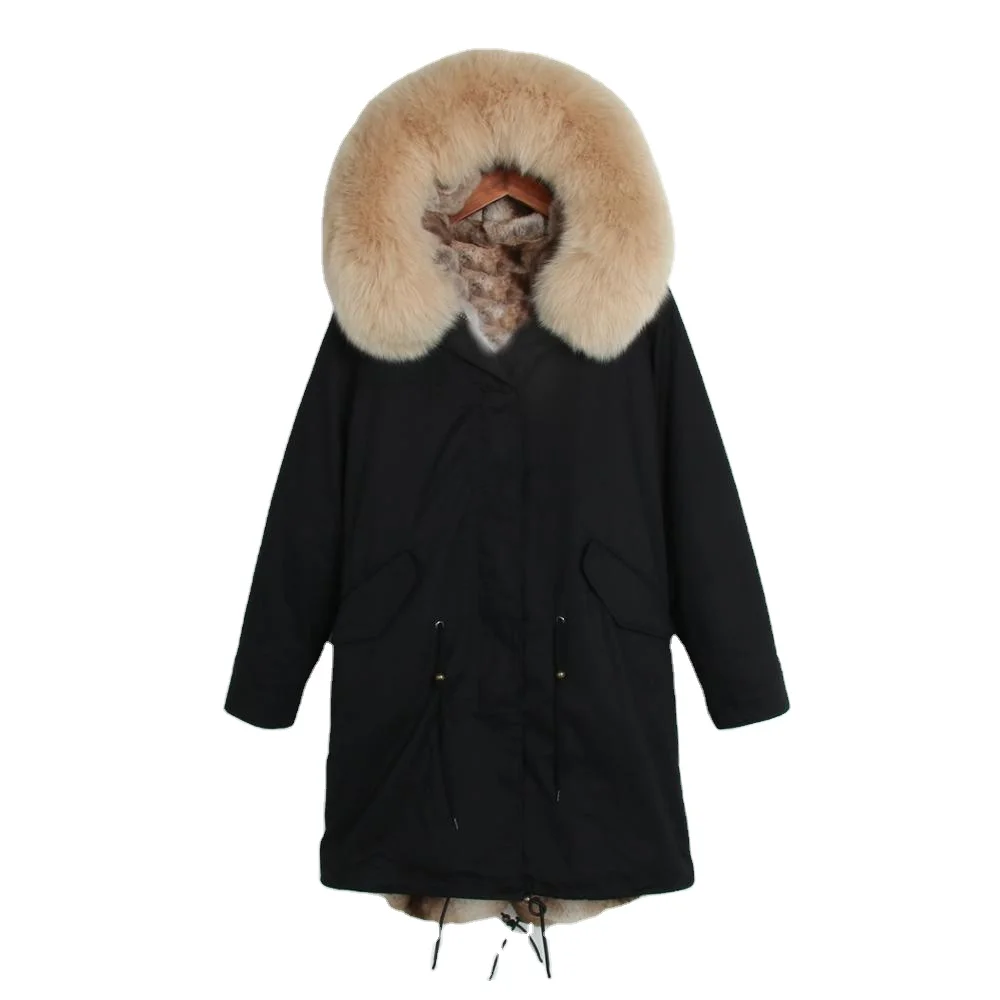 

Black Long Parka With Natural Faux Rex Rabbit Fur Coat Plus Size Winter Overcoat For Women