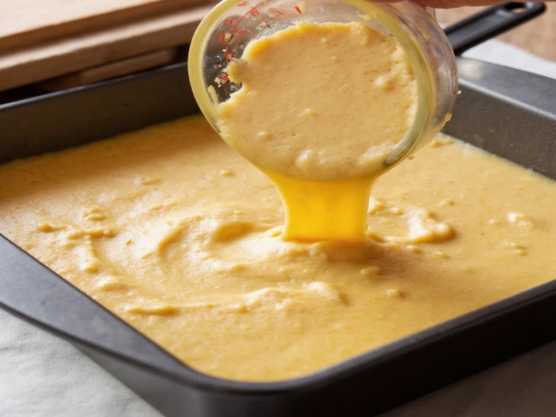 Pressing homemade bar mixture into pan with measuring cup