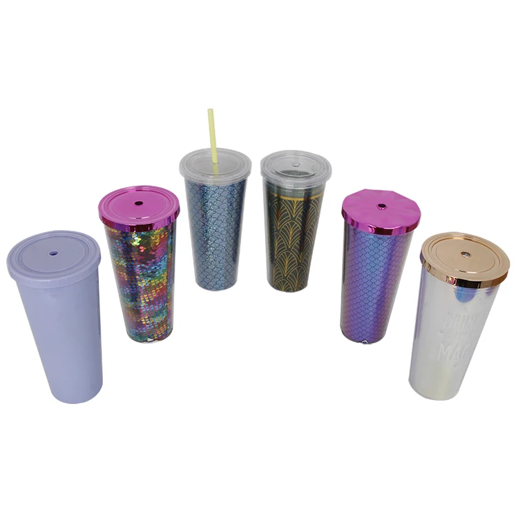 

17oz straw double wall plastic drink cup ins Style Electroplated metallic color Lid insulated plastic glitter cup with straw, As picture