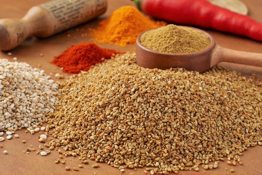 Fresh cumin seeds and ground cumin displayed alongside other Indian spices on wooden table