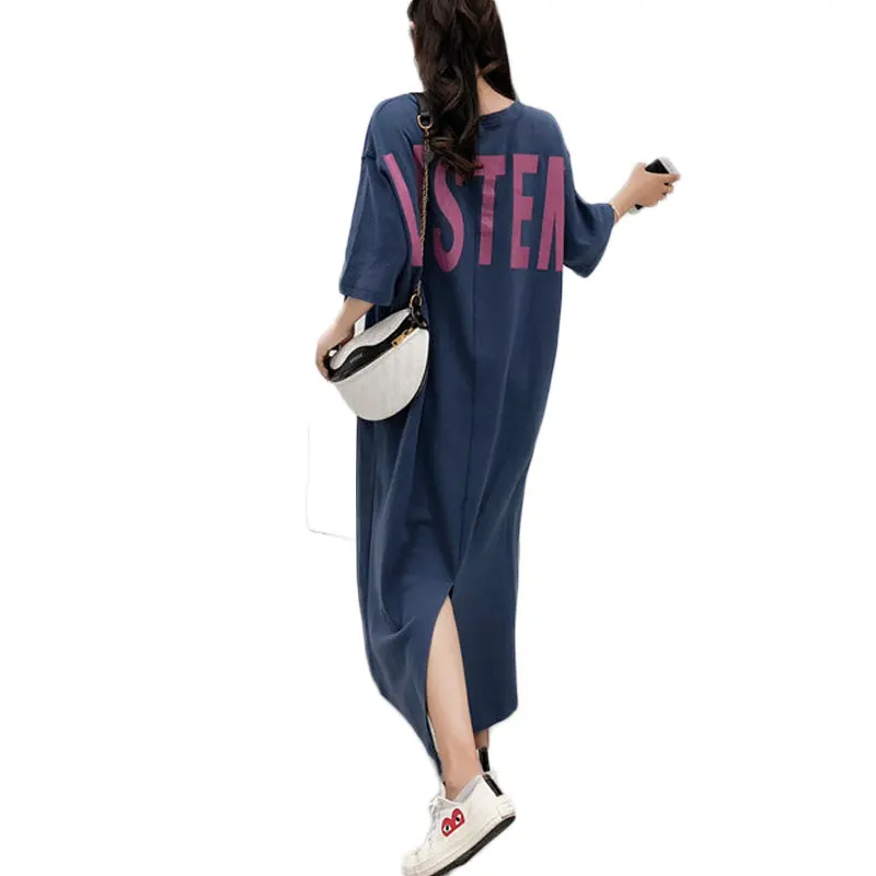 

Women Summer Loose T Shirt Letter Print Dress Casual Sexy Short Sleeve High Split Dresses Ladies Long Maxi Party Vestidos Mujer