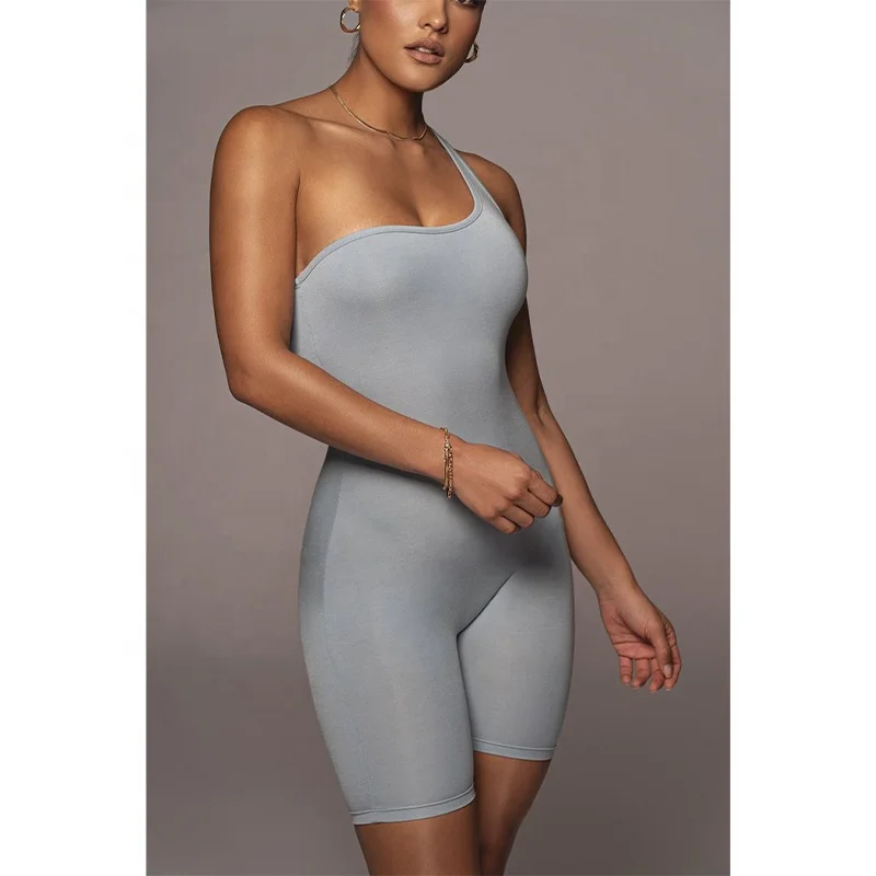 New design summer one shoulder plus size women jumpsuit gym solid color one piece yoga bodysuits for women