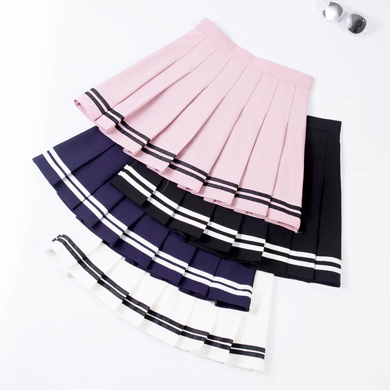 

XS-XXL High A-Line Women Striped Stitching Sailor Pleated Elastic Waist Sweet Girls Dance Plaid Skirt