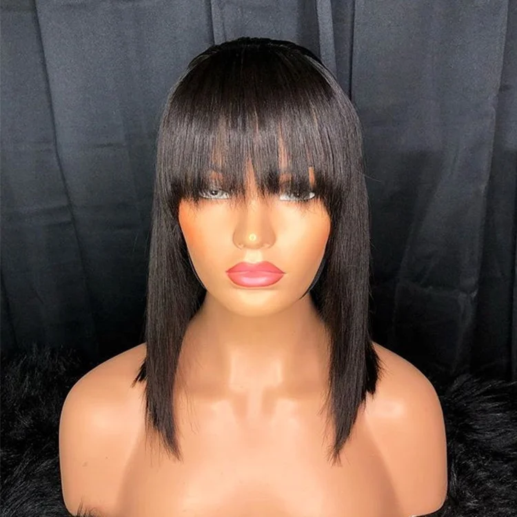 

Peruvian Hair Short Straight Human Remy Hair Wigs With Bangs Cuticle Aligned Wigs Full Lace Blunt Cut Bob Wigs