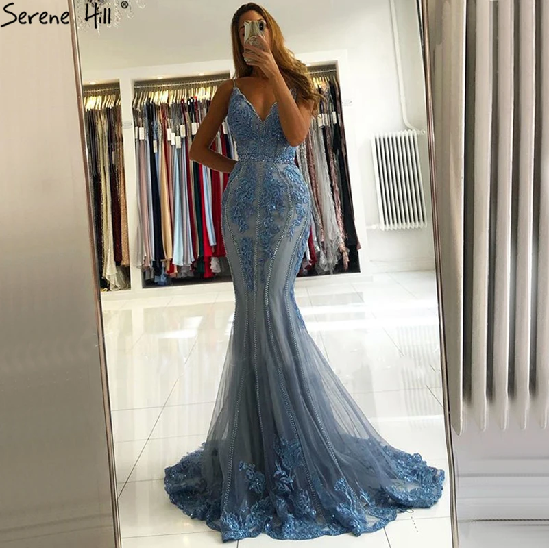 

2021 New Arrivals Blue V Neck Backless Sexy Prom Dresses Lace Beading Mermaid Women Evening Gowns With Slip Serene Hill LA70724