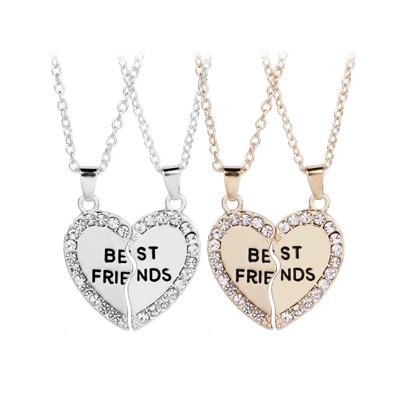 

European Style Creative Gold Silver Plated Crystal Love Pendant Necklace Best Friends 2pcs Broken Heart Necklace For Couples, Silver/gold