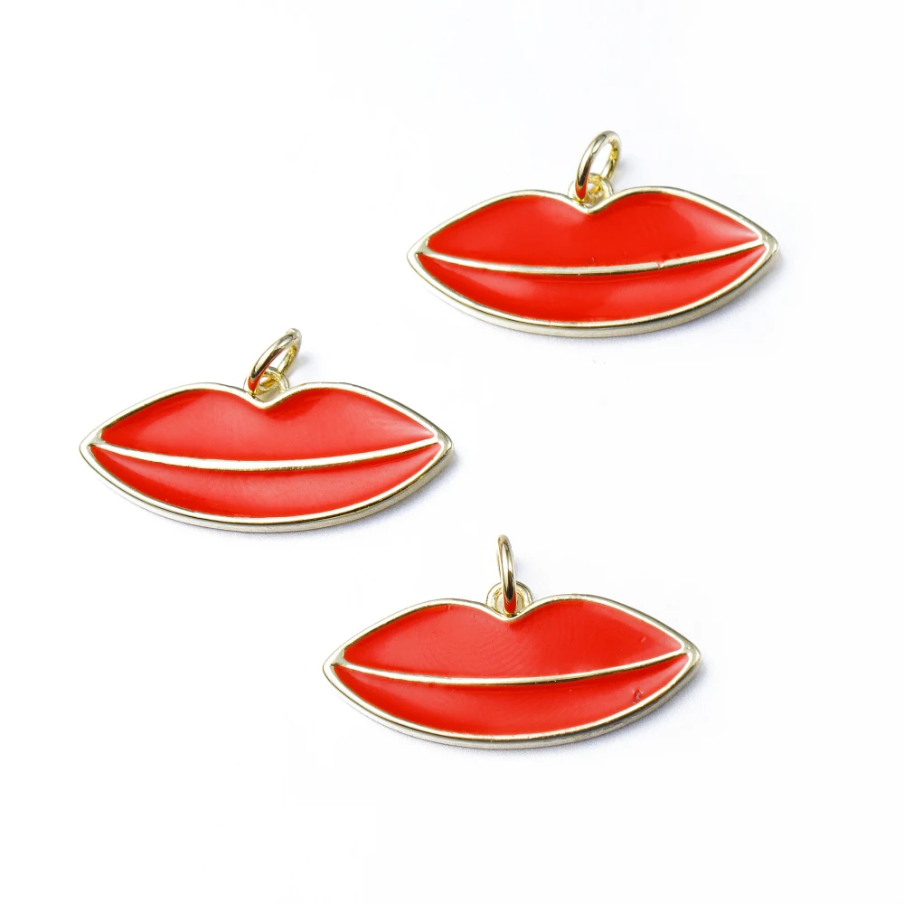 

Enamel Lips Pendant Copper Zirconium Micro Pendant With Red Oil And Gold