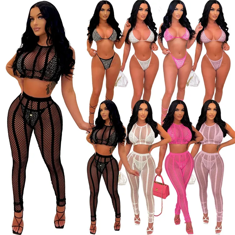 

2022 Women Sexy Swimwear Thong Bikini Set Rhinestone And Mesh Transparent 4 Piece Swimsuit Beach Wear, Picture