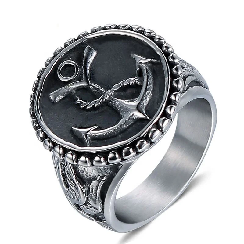 

Hot Selling Fashion Europe And America Style Jewelry Ring 316L Stainless Steel Vintage Punk Boat Anchor Rings, Silver