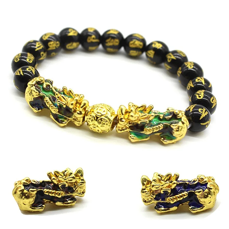 

China Jewelry Factory Gold-plated six-character proverbs prayer beads Obsidian agate bracelet Thermochromic Pixiu Bracelet, Picture shows