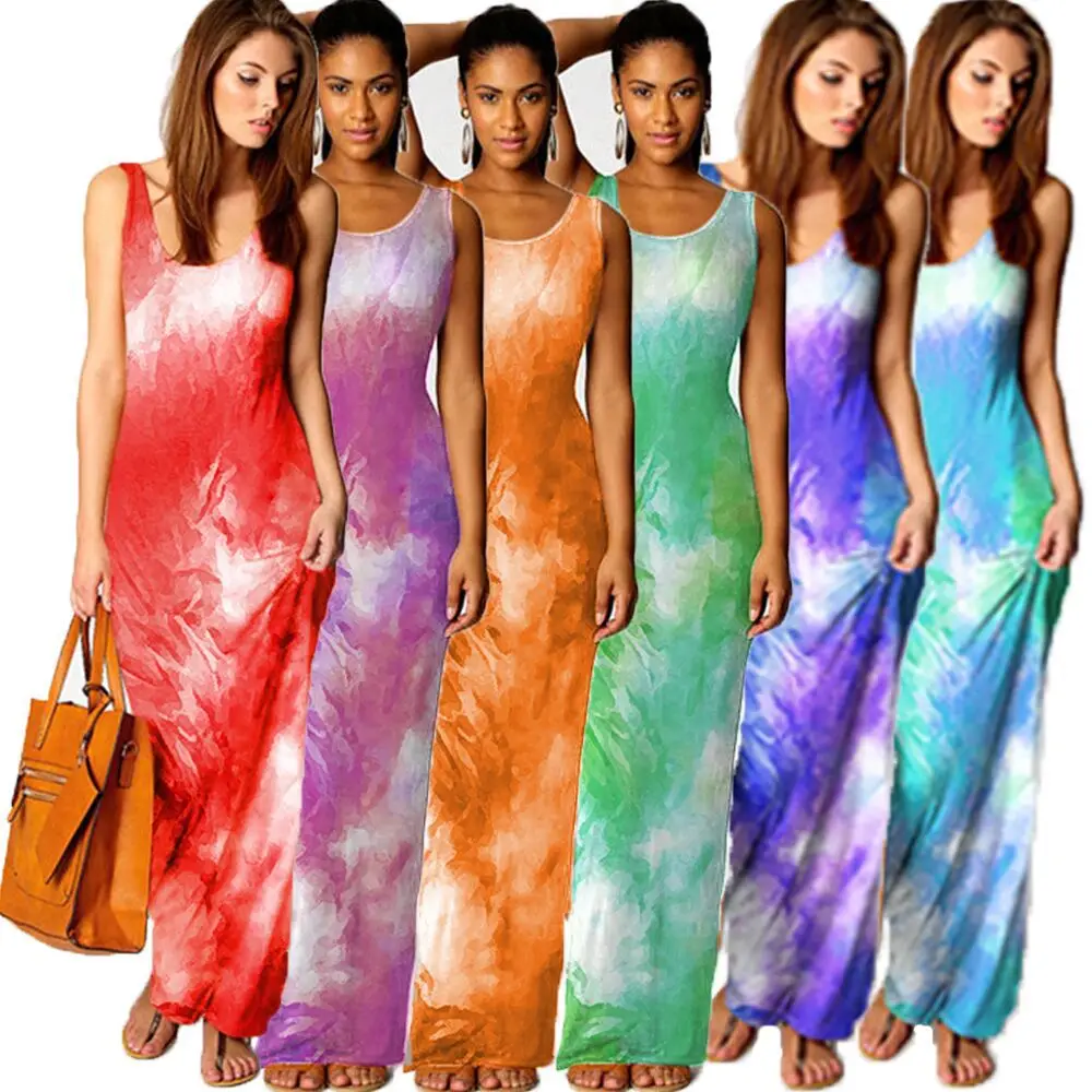 

Women Tie Dye Gradient Color Sleeveless Vest Tank Dress Casual Dresses, As shown