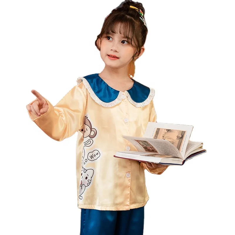 

Autumn Long Sleeve Long Pants Kids Sleepwear Silk Animal Pattern Lovely Girls Children Pajama, 5 colors