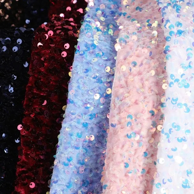 Iridescent White Glitter Velvet Lace Fabric Holographic Sequins Embroidered Stretch 100% Polyester Bride's Evening Wedding Dress