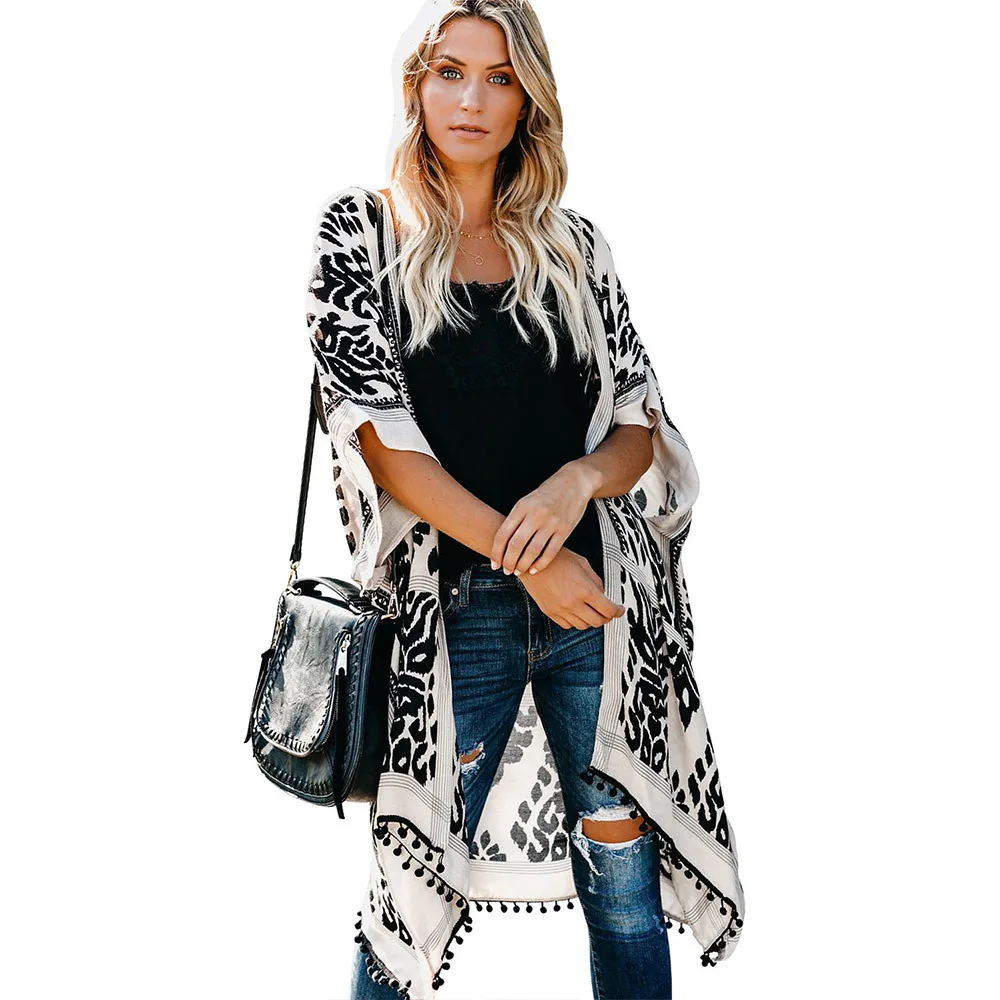

Bali beach resort cardigan short-sleeved printed pompon kimono blouse mid-length jacket women