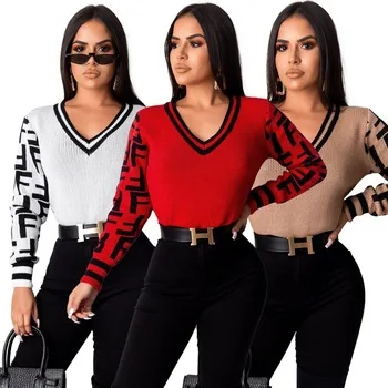 

Good Quality Manufacturer Hot Sale Ladies Sweater V-Neck Fitted Pullover F Letter Women Sweater, Shown